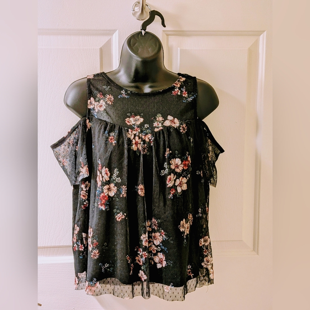 Floral Cold Shoulder Black Top